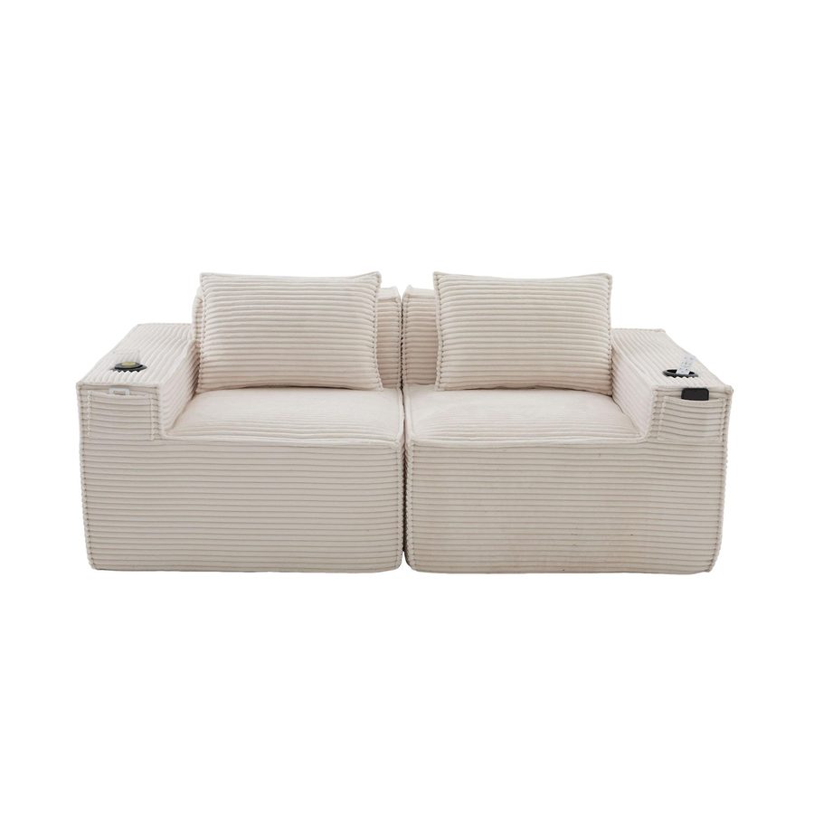 Modulares Doppelsitz-Cordsofa mit Becherhaltern und Seitentaschen, Beige   Aosom.de