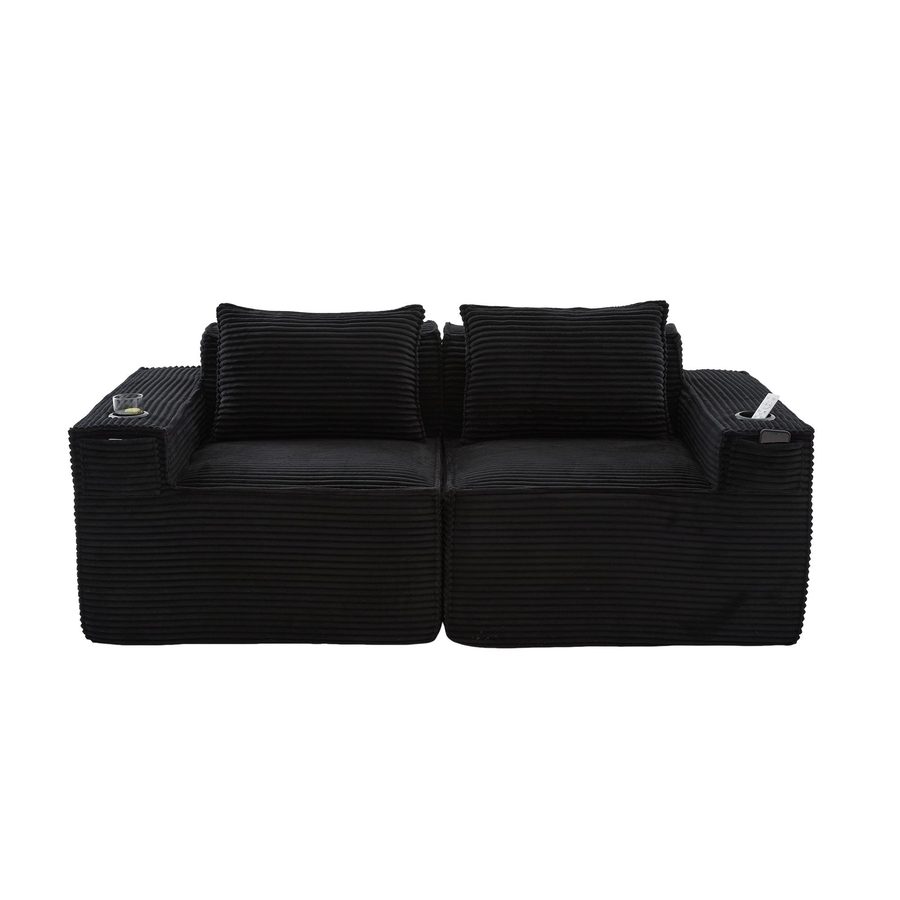 Modulares Doppelsitz-Cordsofa mit Becherhaltern und Seitentaschen, Schwarz   Aosom.de