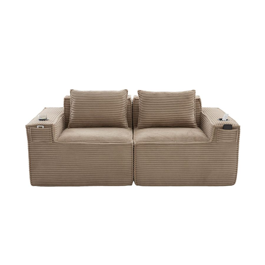 Modulares Doppelsitz-Cordsofa mit Becherhaltern und Seitentaschen, Khaki   Aosom.de