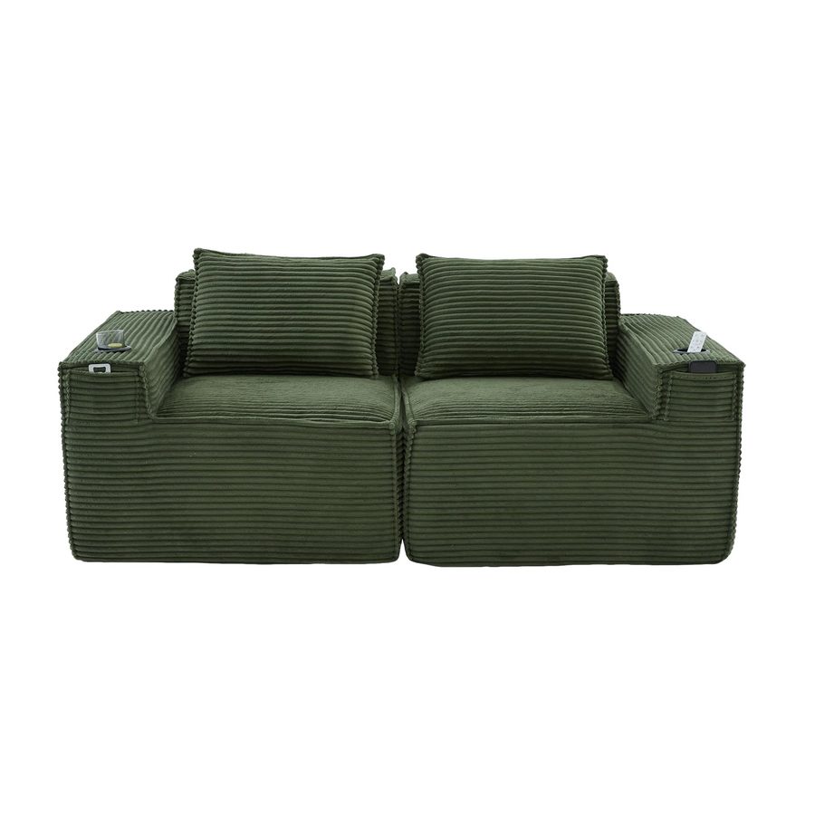 Modulares Doppelsitz-Cordsofa mit Becherhaltern und Seitentaschen, Grün   Aosom.de