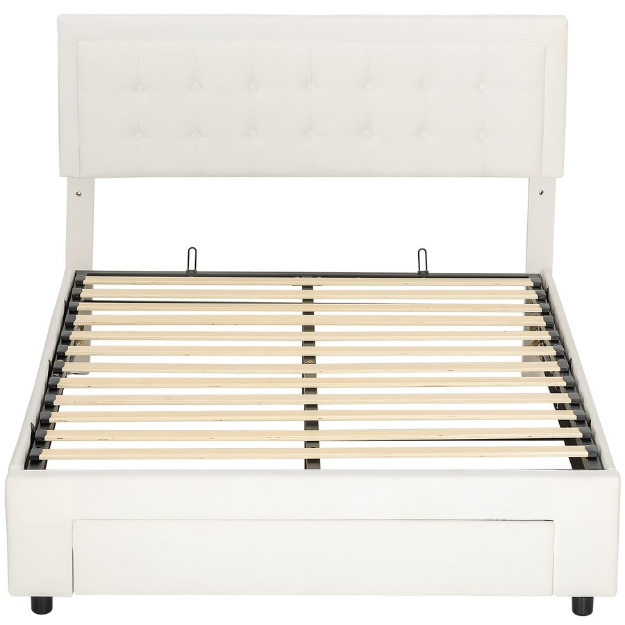 HOMCOM Doppelbettgestell 140 x 200 cm für 2 Personen - Gaslift, Stauraum, Schublade auf Rollen, verstellbares Kopfteil und Lattenrost aus Holz, gesteppter Samtbezug, Creme   Aosom