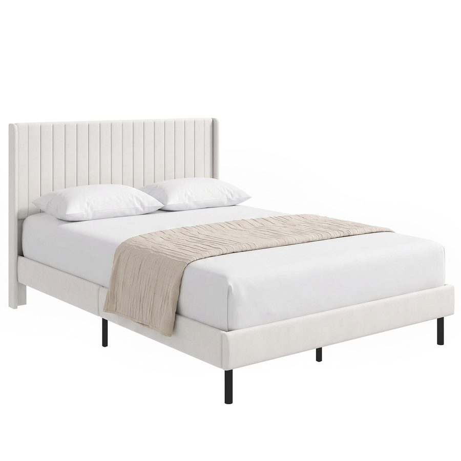 HOMCOM Polsterbett 140x200cm Doppelbettgestell mit Verstellbarem Kopfteil, Bettgestell mit Lattenrost und gepolstertem Kopfteil aus Holland-Samt, ohne Matratze, Beige   Aosom