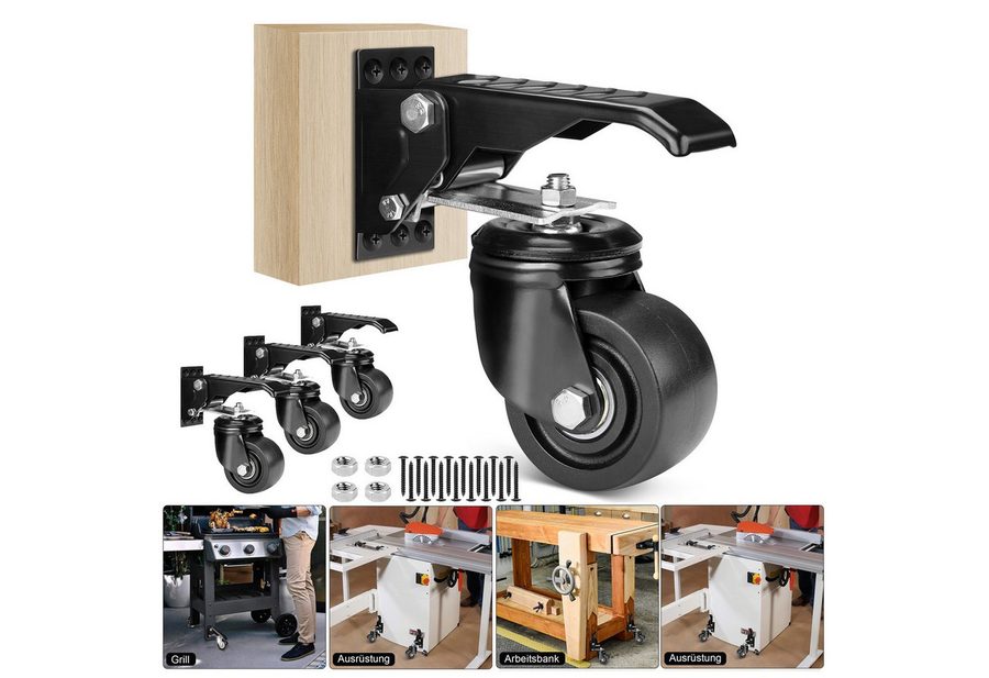 XERSEK Lenkrolle 4X 75mm Schwerlastrolle Transportrollen Absenkbar für Werkbank, (Absenkbar Lenkrollen Heberollen Industrierollen, bis 250 kg, für Werkbänke oder andere Geräte, Schwarz)