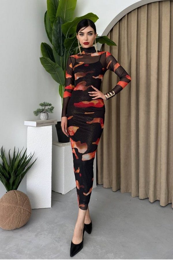 WOMAN VISION Abendkleid Gefüttertes Midikleid mit Digitaldruck im Batikmuster