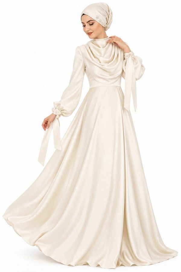 fashionshowcase Abendkleid Damen Maxikleid Satinkleid langarm Modest Fashion