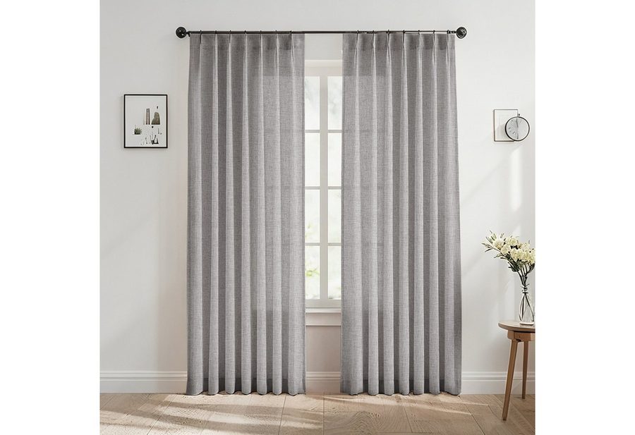 SERBASIC Gardine Leinenoptik Halbtransparente Vorhänge mit Quetschfalten, 2 Stück, Mit Häkchen und Ringen für Wohnzimmer, Schlafzimmer, Terrasse von SERBASIC