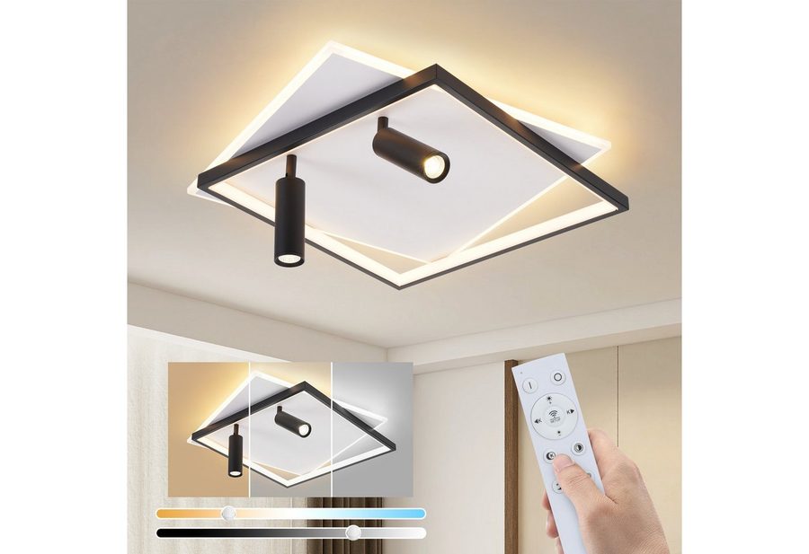 Nettlife LED Deckenleuchte Deckenlampe Schwarz Rund 52W Dimmbar mit 2 Deckenstrahler Modern Acryl, Dimmbar mit Fernbedienung, LED fest integriert, mit Fernbedienung für Schlafzimmer Küche von Nettlife