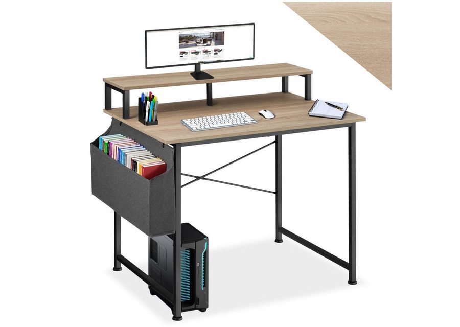 tectake Schreibtisch Bürotisch mit höhenverstellbaren Kunststofffüßen, 120 x 60 x 110 cm (Arbeitstisch mit Ablage Thornton, 1-St., in Industrial Holz hell, Eiche Sonoma), Holz und Stahl, mit Monitorständer und Aufbewahrungstasche