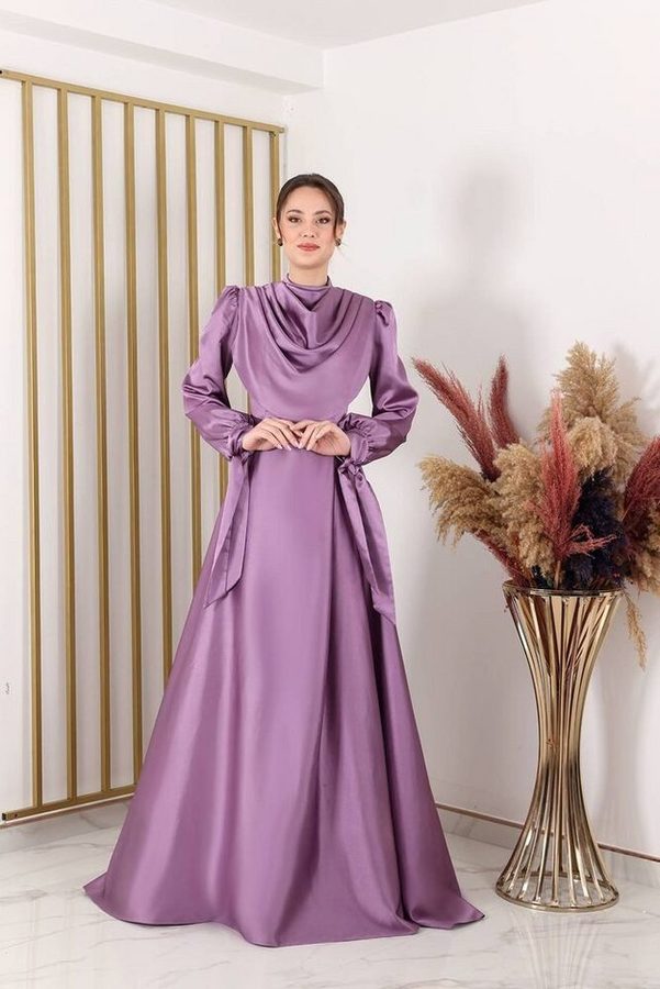 fashionshowcase Abendkleid Damen Maxikleid Satinkleid langarm Modest Fashion