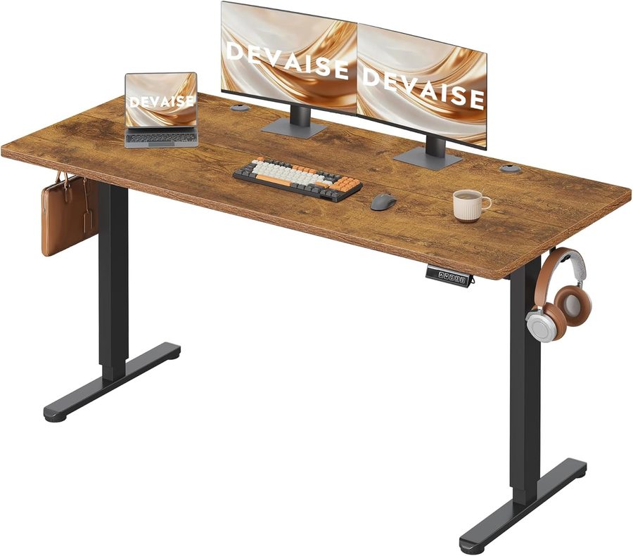 DEVAISE höhenverstellbarer Schreibtisch 160×70 cm, leiser Motor mit 3 Höhenspeicher, Verstellbereich 72–118 cm, ergonomischer Sitz-Steh-Tisch für Büro, Braun
