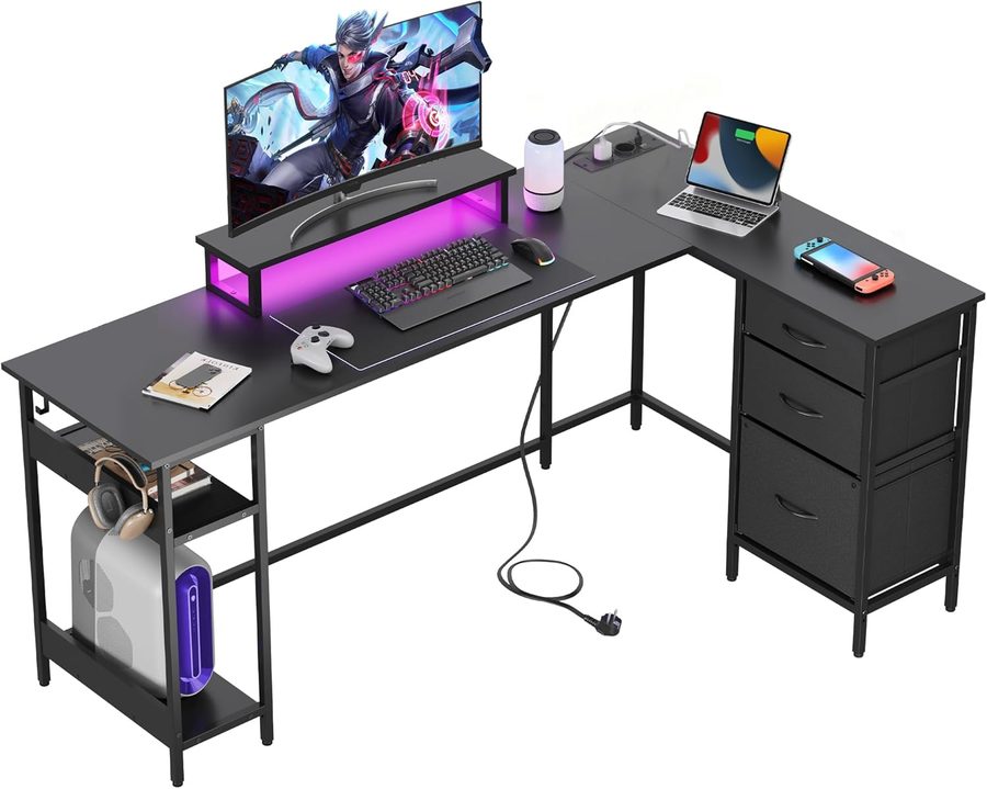 DEVAISE L-förmiger Eckschreibtisch, 168×103 cm, mit Schubladen, Steckdose und USB-Anschluss, geräumiger Computertisch mit Stauraum für Homeoffice und Schlafzimmer, Schwarz