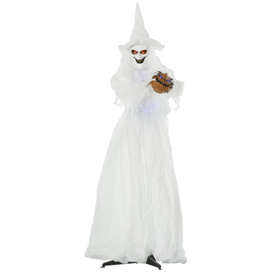 Outsunny 189 cm Weiße Hexe mit Kürbiskopf, lebensgroße Halloween-Dekoration, stehendes Skelett-Geist-Prop mit leuchtenden Augen und Körper   Aosom