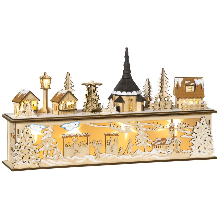 HOMCOM Weihnachtsdeko verschneites Weihnachtsdorf mit 10 LEDs beleuchtet Winterlandschaft Tischdeko Fensterdeko Natur 45 x 10 x 25 cm   Aosom.de
