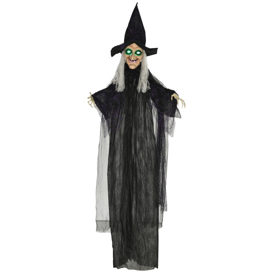 HOMCOM 183cm Halloween Dekoration Halloween-Hexe mit LED-Lichter, Soundfunktion, Haustür Deko mit verstellbare Arme, Garten Dekofigur in Lebensgröße für Party   Aosom