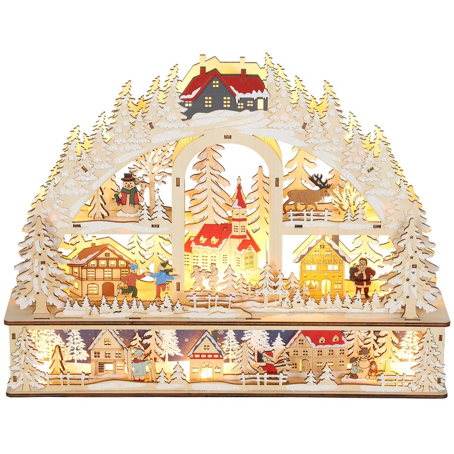 HOMCOM Weihnachtsdorf mit LED-Leuchtung, 45 cm Weihnachtsstadt mit Schneemann, Renntier und Bäume, Naturoptik, Winterlandschaft für Weihnachten, Naturholz   Aosom