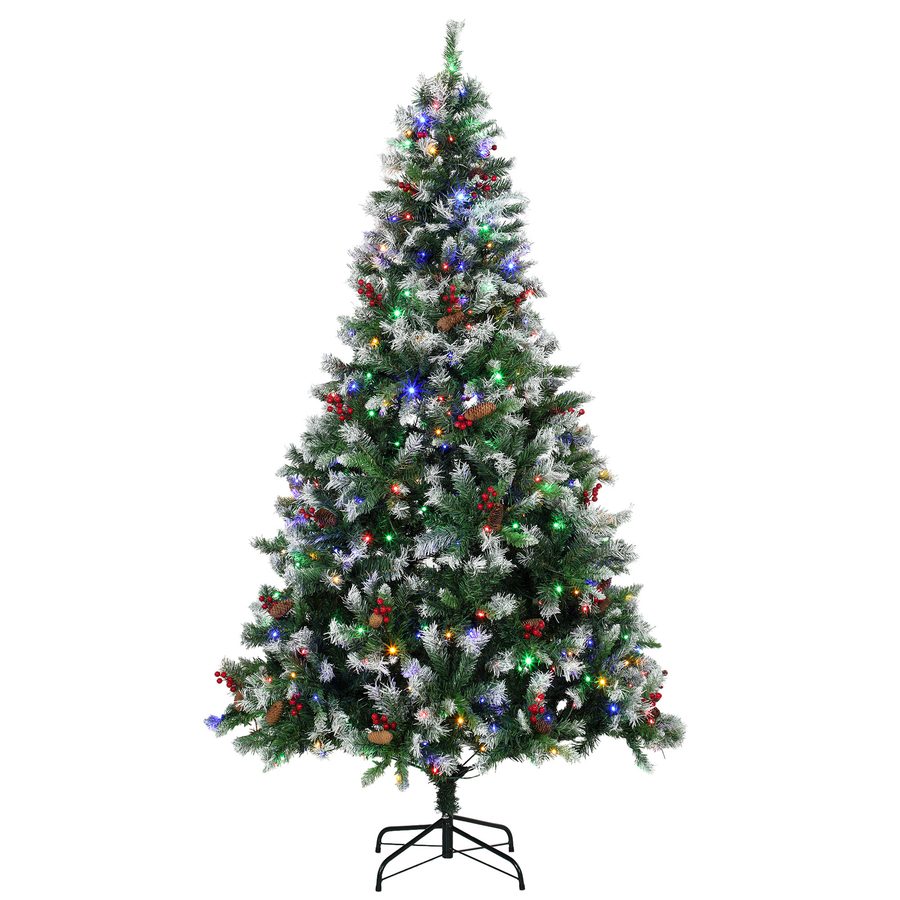 HOMCOM Weihnachtsbaum mit 400 LEDs (Warmweiß & Mehrfarbig), 210 cm, Schneeeffekt, 1253 Spitzen, 11 Modi, 44 Zapfen und 44 Beerenrispen, Fernbedienung, klappbarer Stahlfuß, Grün   Aosom