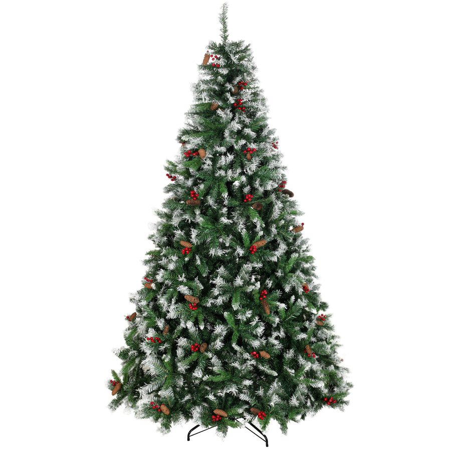 HOMCOM Weihnachtsbaum 240 cm, künstlicher verschneiter Tannenbaum mit 1773 Zweigspitzen, rote Beeren, Zapfen, klappbarer Stahlfuß, schnelle Montage, Weihnachtsdekoration für Wohnzimmer, Innen, Grün   Aosom