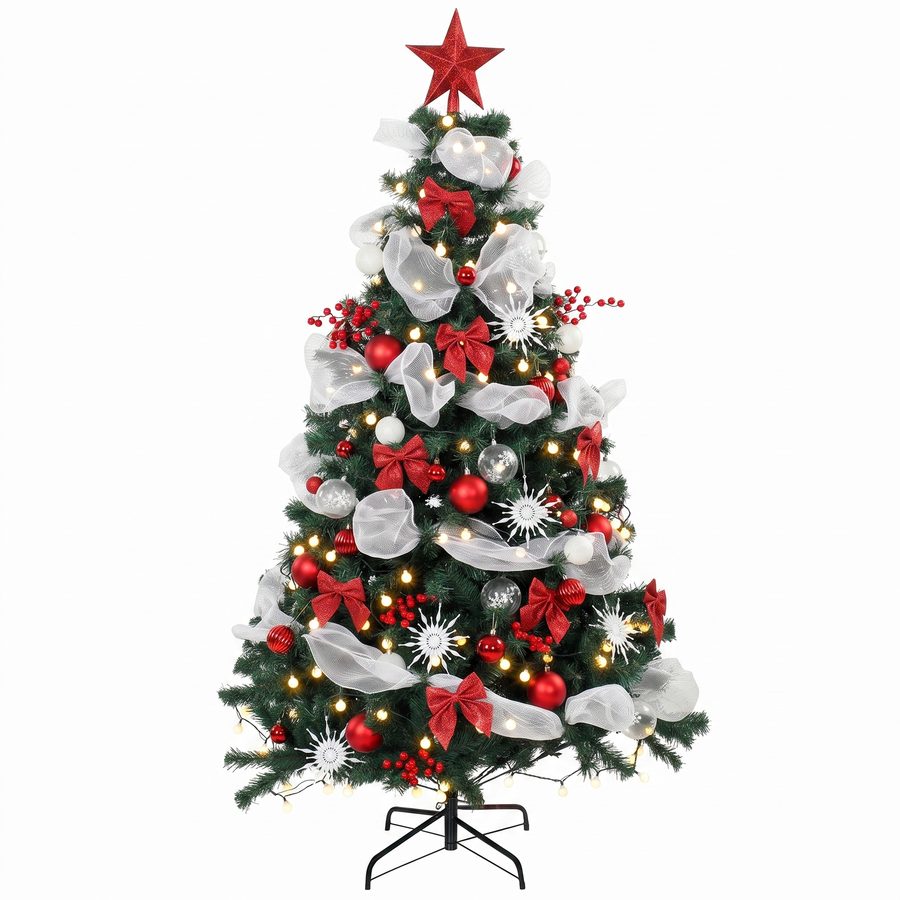 HOMCOM Weihnachtsbaum 180cm, 200 warmweiße LED-Kugelleuchten, dicht und realistisch, Fernbedienung, 8 Modi, 800 PVC-Spitzen flammhemmend, Kugeln, Bänder, Schleifen, klappbarer Metallständer, einfache Montage   Aosom