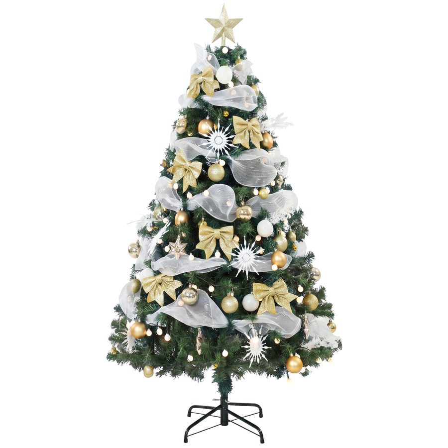HOMCOM Weihnachtsbaum 180cm mit 200 warmweißen LEDs, üppig realistisch, Fernbedienung, 8 Modi, 800 feuerhemmende Zweige, Kugeln, Bänder, Schleifen, klappbarer Metallständer, einfache Montage, Grün   Aosom
