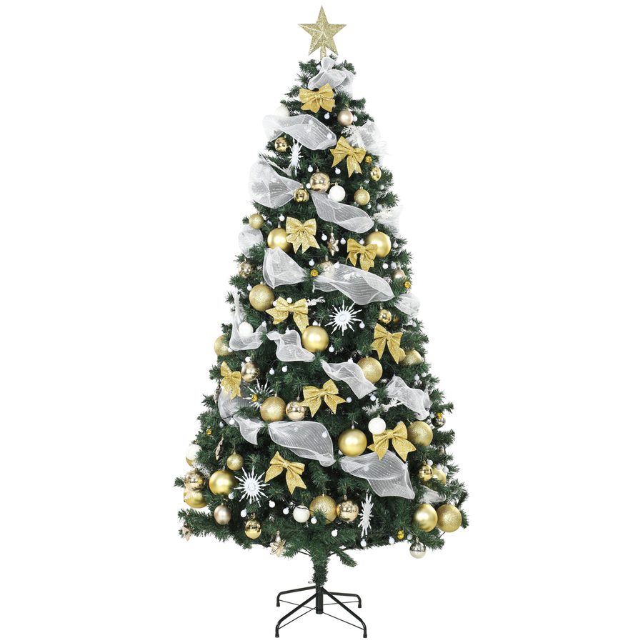 HOMCOM Weihnachtsbaum mit 250 warmweißen LEDs, 230 cm, fertig dekorierter Weihnachtsbaum, 1136 Zweige, 8 Modi, Kugeln, Bänder und Schleifen, Fernbedienung, klappbarer Metallständer, USB-betrieben, Grün   Aosom