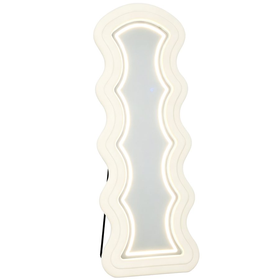 HOMCOM Wellenförmiger Ganzkörperspiegel 160 x 60 cm, Großer Standspiegel mit 3-Farb-LED, Samtoptik-Rahmen, HD-gehärtetes Glas, Hinstellbar, Aufhängbar oder Angelehnt, für Wohnzimmer, Schlafzimmer, Creme   Aosom