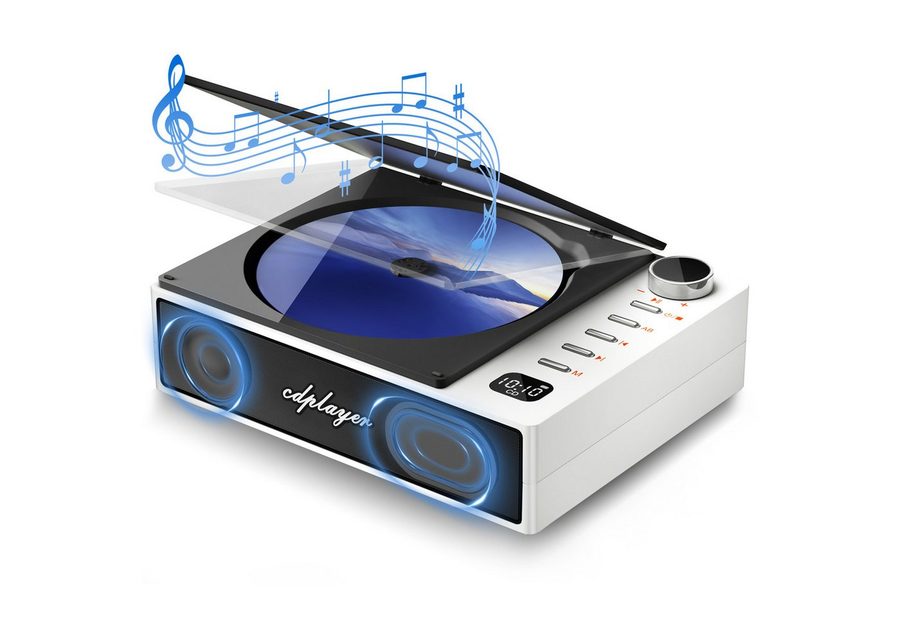 Fyrove Bluetooth, Anti-Skip, HiFi-Lautsprecher, USB-C tragbarer CD-Player (4,5h Akku, FM, Retro-Design)