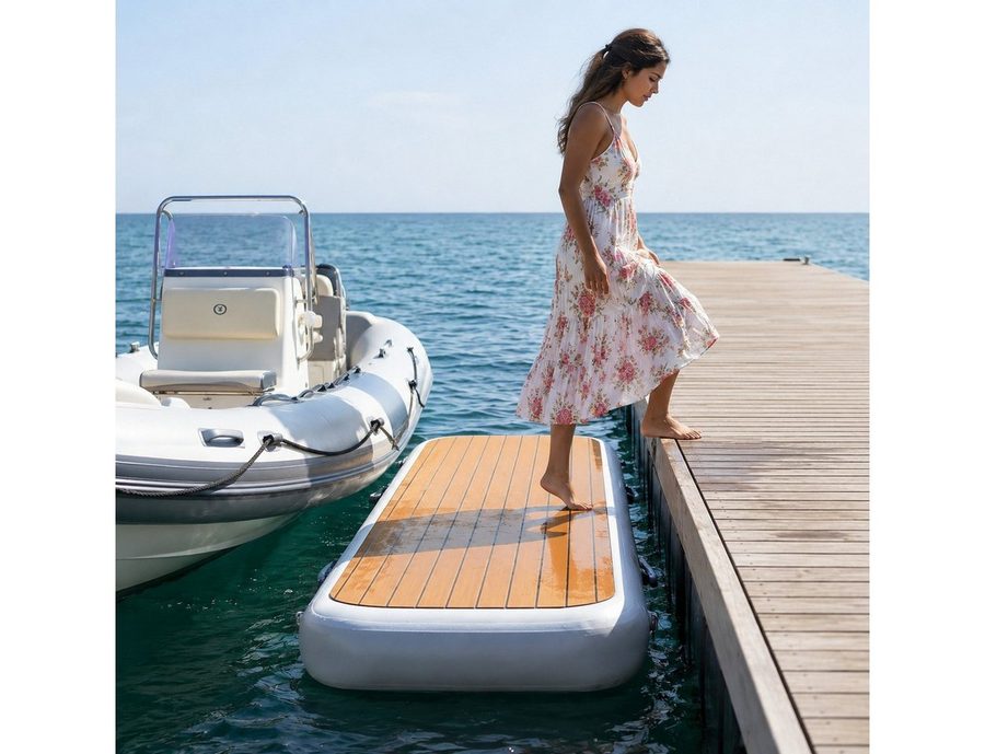 e4fun Inflatable SUP-Board aufblasbare Gangway, EVA Belag, Teak Optik, Pumpe, Tragetasche,Rep.set