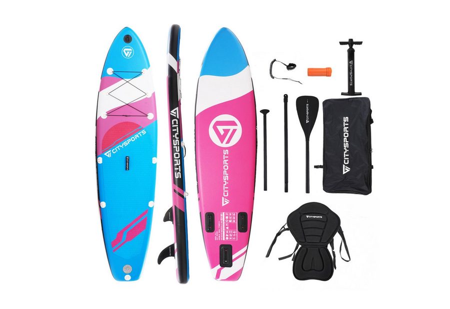 CITYSPORTS Inflatable SUP-Board aufblasbares Stand Up Paddle Board set bis 160/220 kg, Komplettset mit Paddel, Pumpe, Rucksack, Leash, Finnen & Kajak-Sitz