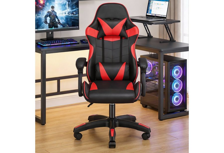 oyajia Gaming-Stuhl Gaming Stuhl, Bürostuhl Ergonomisch Wippfunktion bis zu 135° (mit Kopfstütze und Lendenkissen), Rückenlehne und Sitzfläche kippbar,Gamingstuhl mit Höhenverstellung