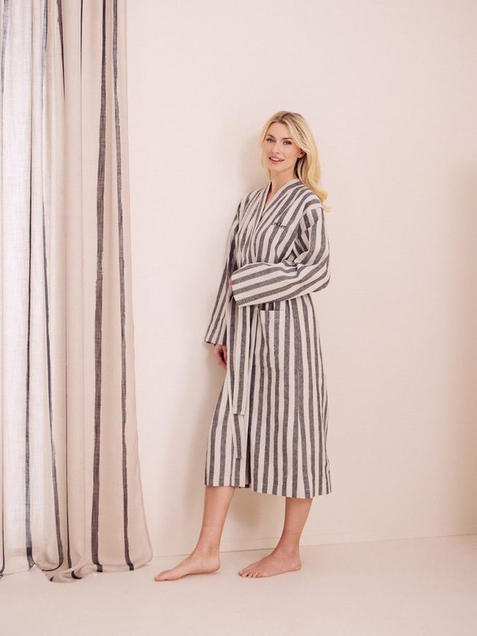 LeGer Home by Lena Gercke Bademantel Tamsin, Benny, ideal für Sauna & Spa, Hotelbademantel, Morgenmantel, Midilänge, Baumwoll-Mix, Kimono-Kragen, Gürtel, Baumwolle, Leinen, gestreift