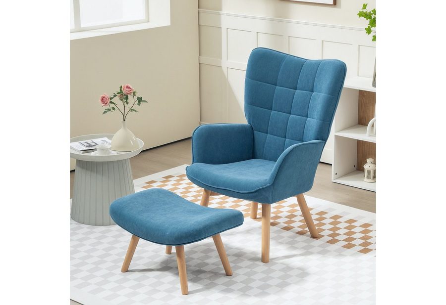 HOMCOM Relaxsessel Ohrensessel, Modern Armlehnensessel, Lesesessel, Schlafzimmer (Sessel mit Hocker, 2-St., Loungesessel), mit getuftetem Design, Cord-Optik, für Wohnzimmer, Blau