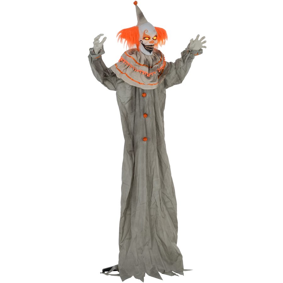 HOMCOM 183cm Halloween Dekoration Stehender Clown mit LED-Lichter, Soundfunktion, Haustür Deko mit verstellbare Arme, Garten Dekofigur in Lebensgröße für Party, Orange+Grau   Aosom