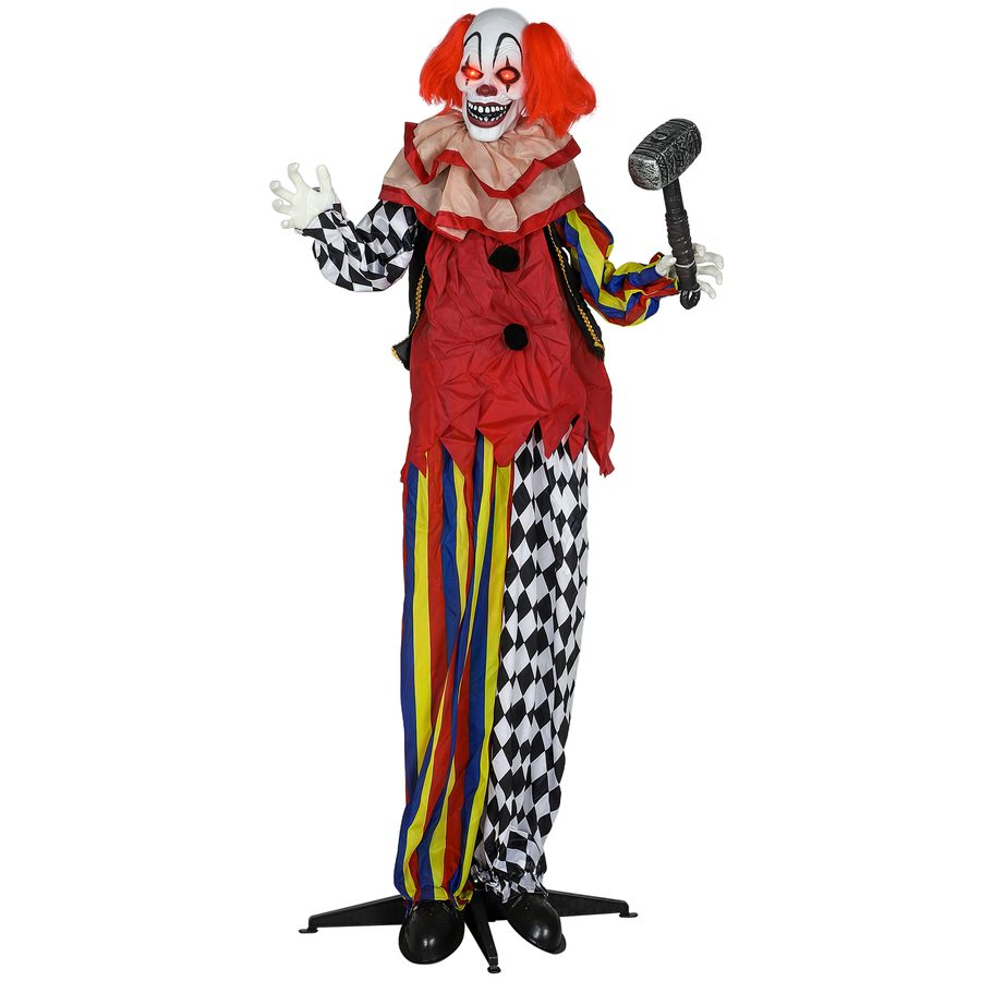 Outsunny Halloween Dekoration, 173 cm Halloween Clown mit leuchtenden Augen, beweglichen geräuschaktivierten Arme Kopf, Garten Dekofigur mit Hammer, gruseligem Sound, für Party Spukhaus Requisite   Aosom von Outsunny