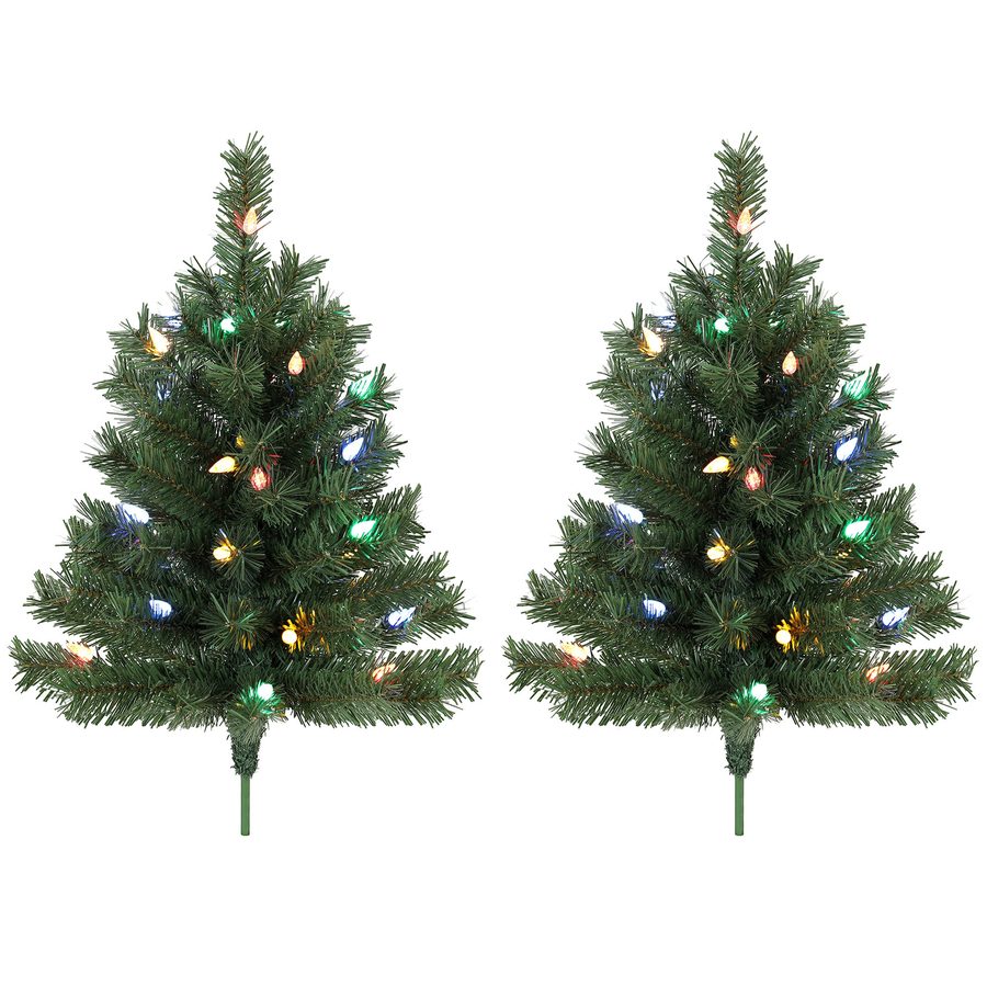 HOMCOM Weihnachtsbaum 60 cm, 2er-Set, mit 60 bunten LED-Lichtern, 130 Zweigspitzen, Erdspießen, Grün   Aosom