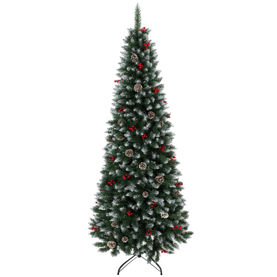 HOMCOM Schmaler Weihnachtsbaum 210 cm, Verschneiter künstlicher Weihnachtsbaum mit 818 Zweigen, rote Beeren, Zapfen, klappbarer Metallfuß, automatische Öffnung, Weihnachtsdekoration für Wohnzimmer, Innenbereich, Grün   Aosom