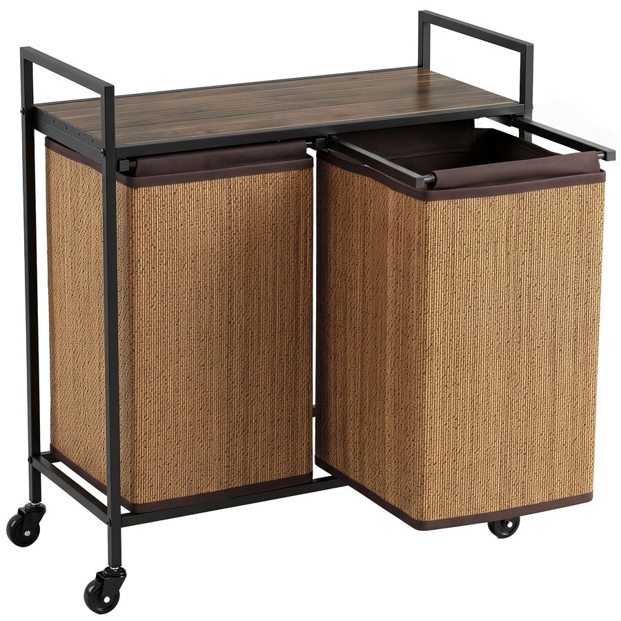 HOMCOM Wäschekorb Bambus 2 Fächer 120 L Wäschesammler mit Regal Ablage, herausnehmbarer Wäschebox Wäschesack, Rollbar Wäschesortierer Wäschewagen für Waschküche Schlafzimmer 73x33x78 cm, Braun   Aosom