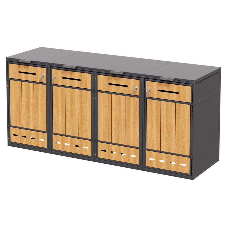 Mülltonnenbox mit Klappdeckeln und frontöffnenden Türen, für 4×120–240 l , 264x84.5x118 cm, Grau+Naturfarbe