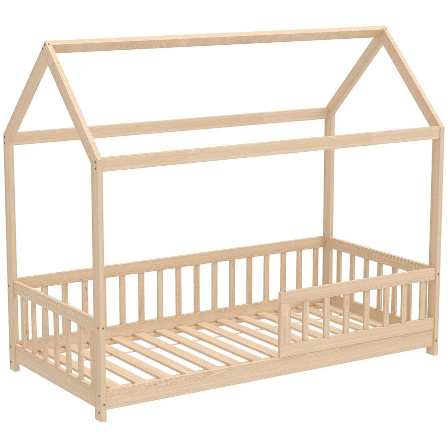 HOMCOM Montessori-Kinderbett in Hausform, 90x190 cm Kinderbett in Hausform mit 15 Latten, Kiefernholzgestell und Schutzumrandung für das Kinderzimmer, Holzfarbe   Aosom