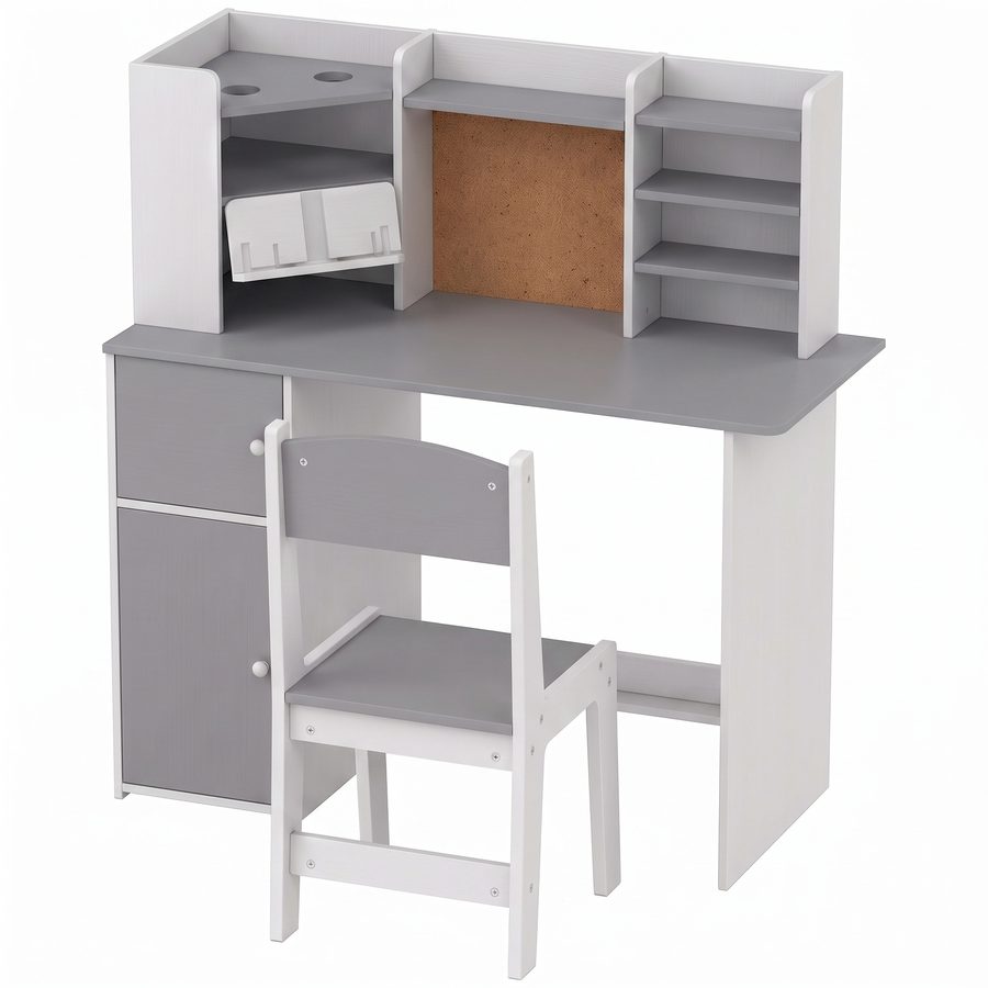 AIYAPLAY Kinderschreibtisch mit Stuhl, Holz-Schreibtisch, verstellbarer Tablet-Halter, Stiftehalter, Korktafel, offene Regale, 2 Schränkchen, Zum Lernen, Lesen und Zeichnen, 5-12 Jahre, Grau   Aosom
