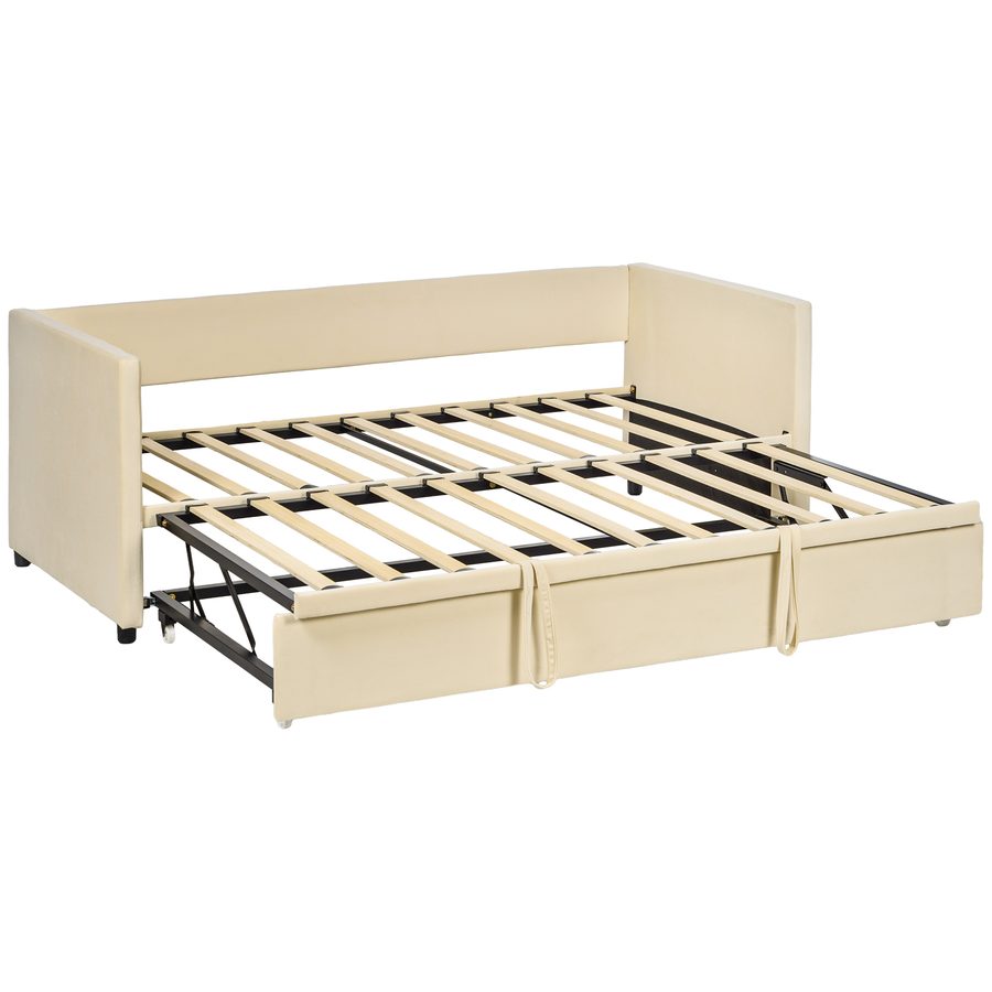 HOMCOM 2-in-1 Ausziehsofa, gepolstert, ausziehbares 2-Personen-Bettgestell, kompatibel mit zwei Matratzen 90 x 190 cm, Lattenrost aus Holz, Creme   Aosom