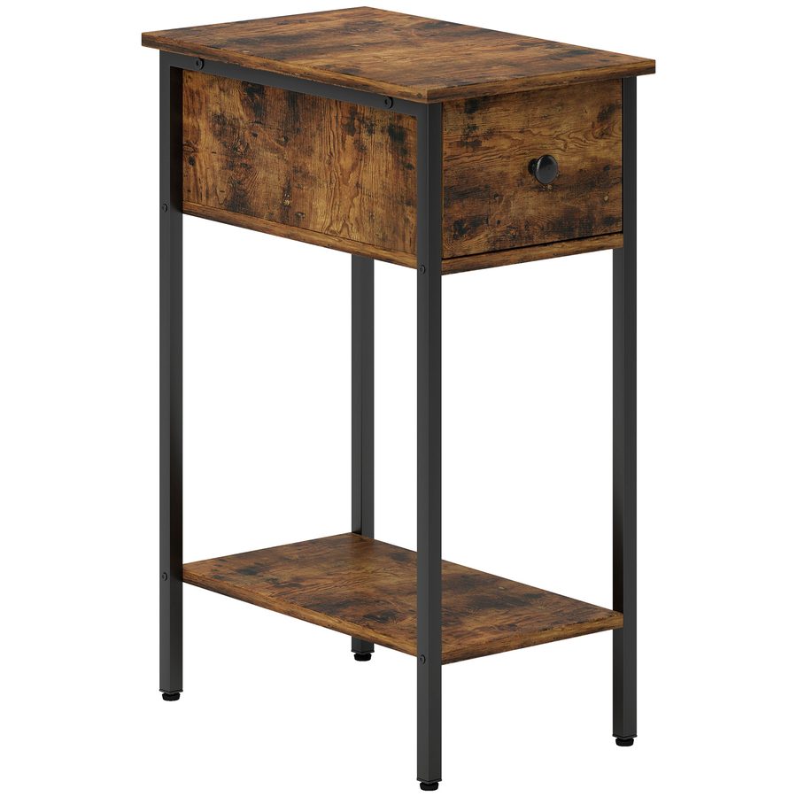 HOMCOM Beistelltisch Schmal Couchtisch mit Schublade, Ablage, Industrie Nachttisch für Wohnzimmer, Schlafzimmer, 25 x 39,8 x 58,2 cm, Rustikal-Braun   Aosom