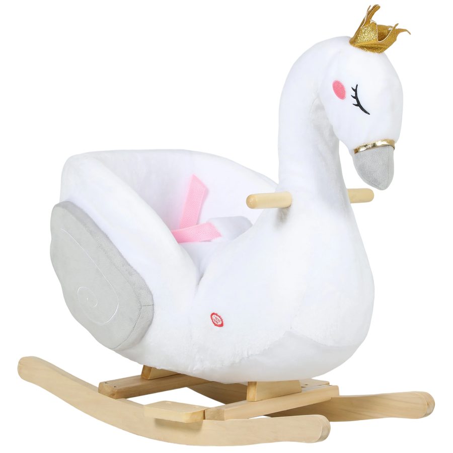 AIYAPLAY Schaukeltier, Schwan-Schaukel mit Schlaflied, weicher Füllung, Holzrahmen, Sicherheitsgurt, Plüsch, für Kinder 1,5-3 Jahre, max. 25 kg, Weiß   Aosom