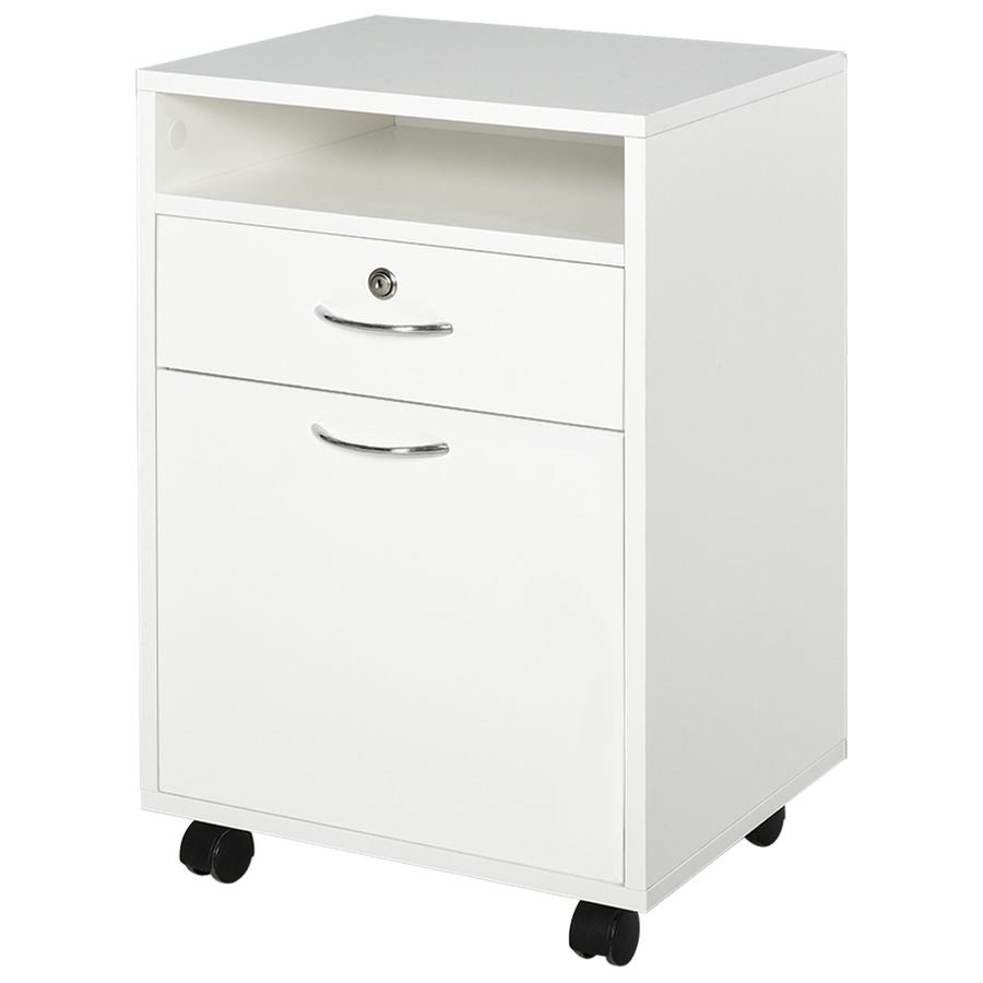 HOMCOM Büro-Aktenwagen mit 2 Schlüsseln, Schublade, Schrank und 4 Rädern in Weißem Holz, 40x35x60cm   Aosom