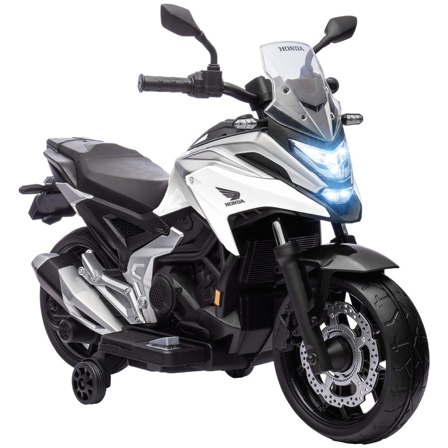 AIYAPLAY Kinder Elektro-Motorrad, 12V Kindermotorrad mit MP3, USB, LED-Scheinwerfer, Kinderfahrzeug mit Frühpädagogischen Funktionen, Trainingsrädern, 3km/h, für 3-6 Jahre, Weiß   Aosom