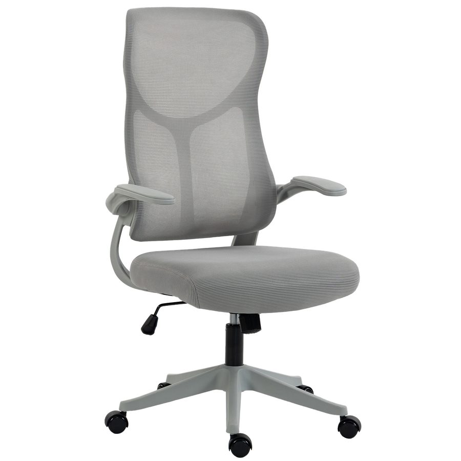 HOMCOM Bürostuhl, Ergonomischer Schreibtischstuhl mit hochklappbar Armlehne, Höhenverstellbarer Drehstuhl mit hoher Rückenlehne Wippfunktion Computerstuhl aus Mesh, Grau   Aosom