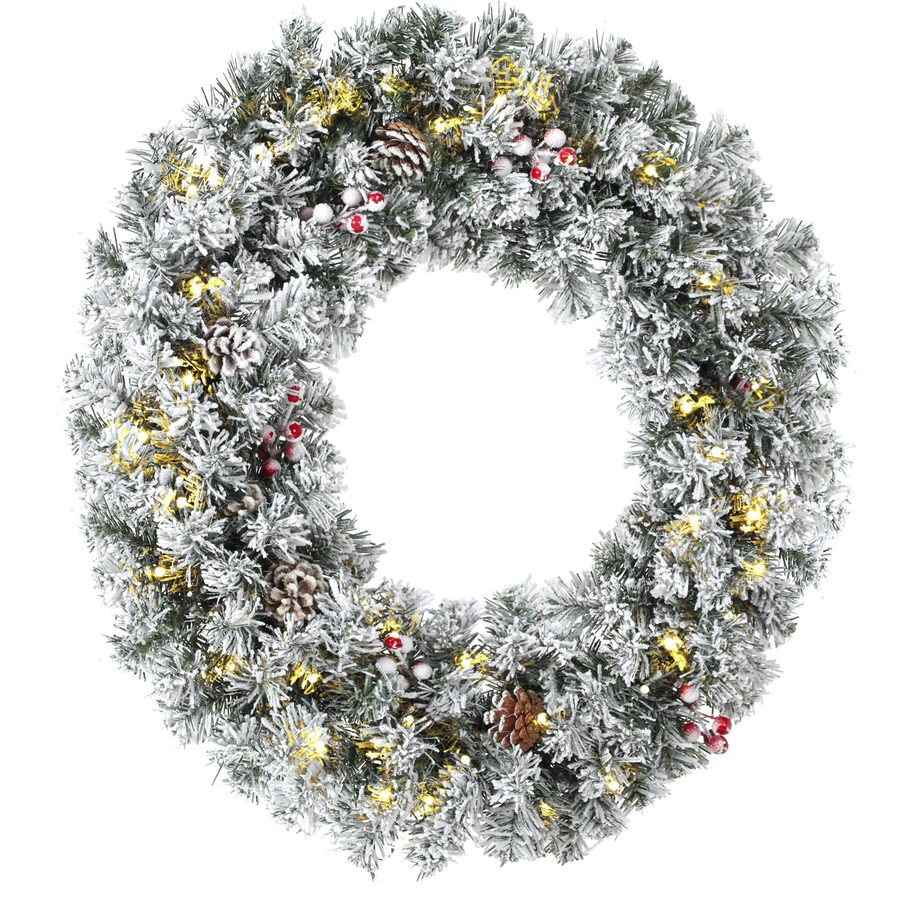 HOMCOM Schneebesetzte Weihnachtsgirlande 60 cm mit 8 LED-Modi, Tartan-Schleife, 140 Zweige, Zapfen und Beeren, Tür- und Fensterdekoration, Grün   Aosom