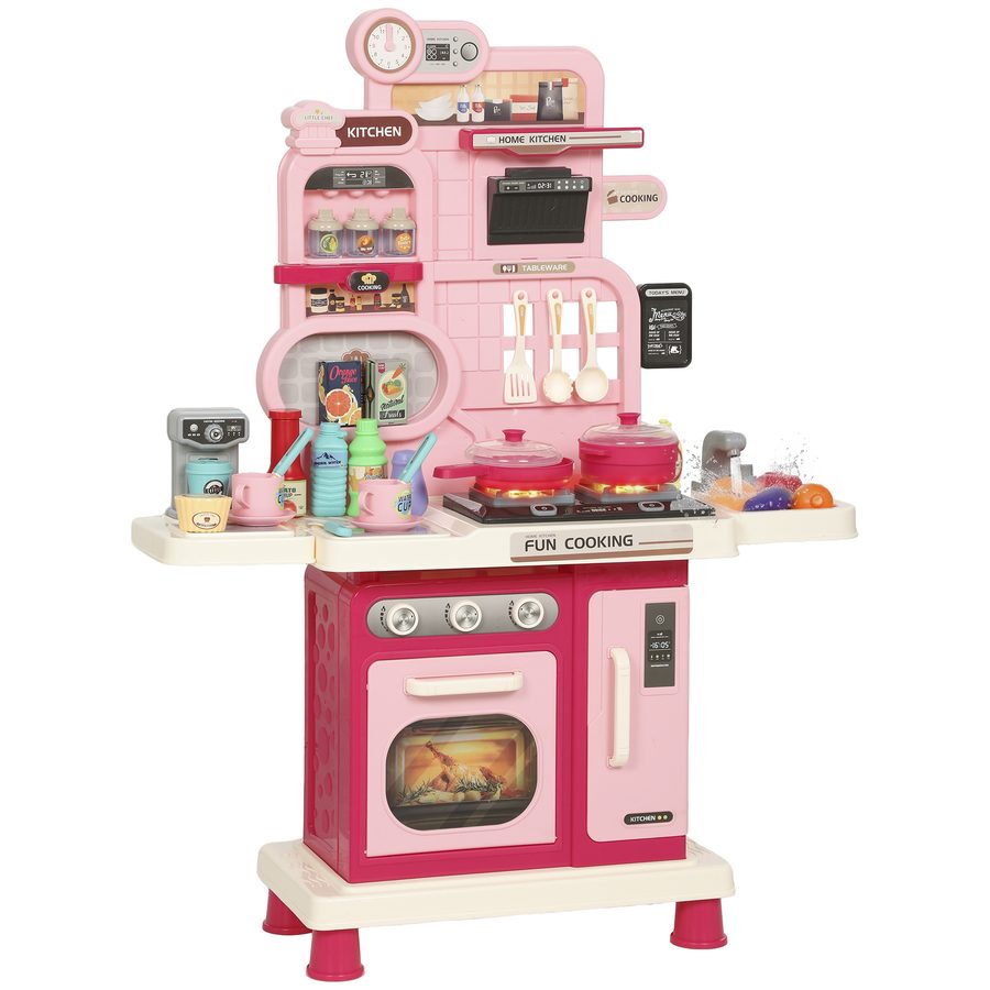 AIYAPLAY Kinderküche Kinder 33-teilig Spielküche Zubehör mit Licht, Sound, Stauraum, Spielspüle, Herd und Backofe, Küchengeräte Kinder Spielzeug für Jungen Mädchen 3-6 Jahren Rosa   Aosom