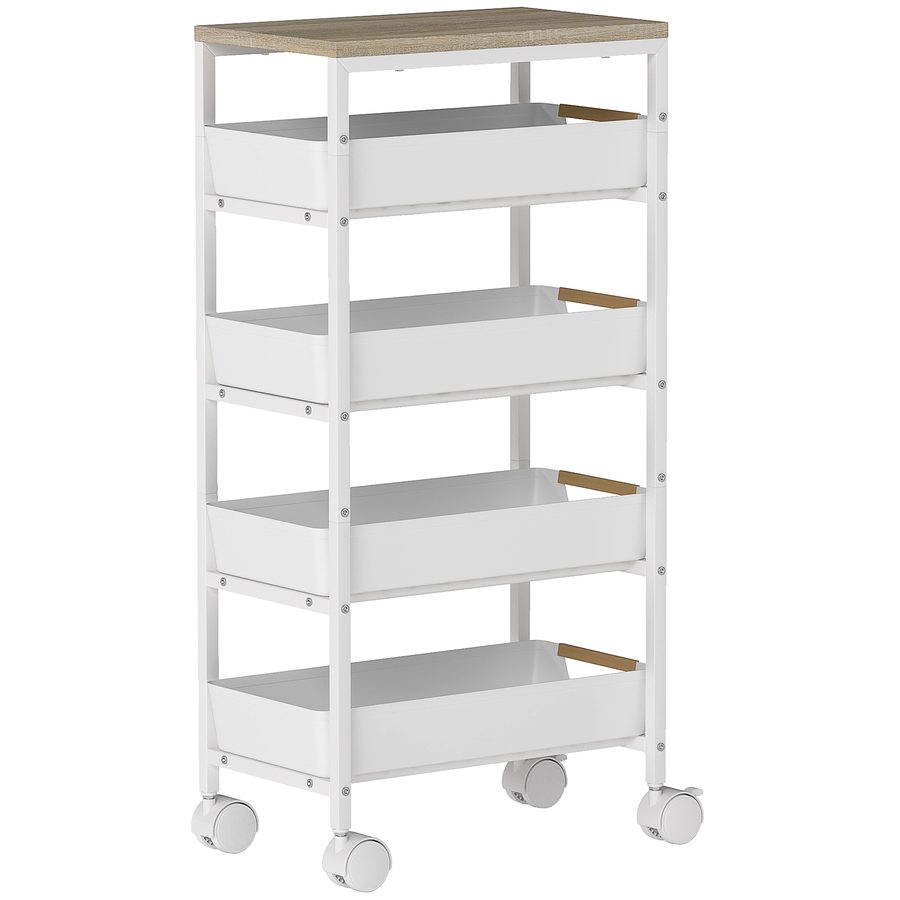 HOMCOM Rollwagen mit 5 Ebenen Küchenwagen schmal Servierwagen mit 4 ausziehbaren Schubladen Nischenregal auf Rollen für Küche, Badezimmer, Metall, 39,5 x 24 x 82 cm Weiß   Aosom
