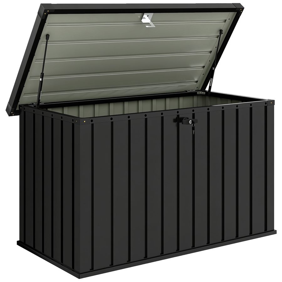 Outsunny Außenbox 400L aus verzinktem Stahl, Gartenbox mit abschließbarem Deckel und 2 Schlüsseln, Gasdruckfedern, Aufbewahrungsbox für Garten Terrasse Pool, 124x66x72 cm, Schwarz   Aosom