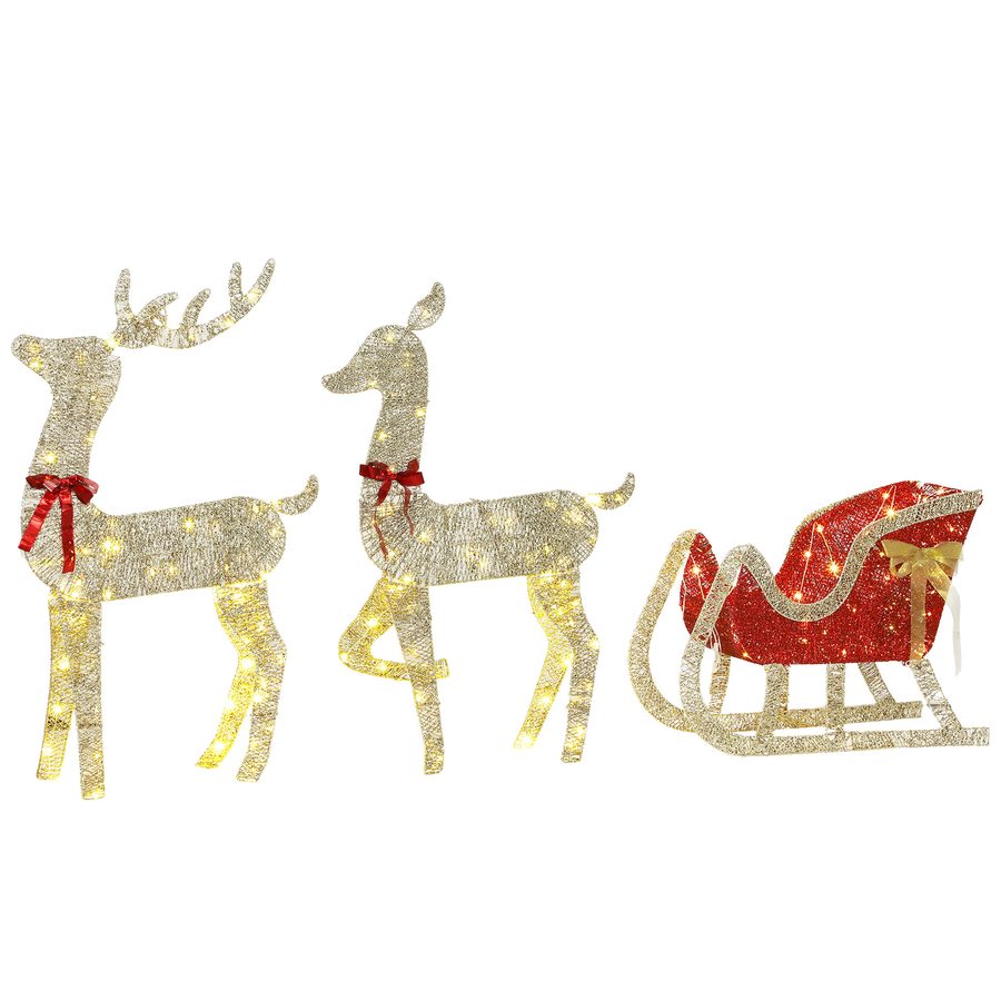 Outsunny Weihnachtsrentier für Außen mit 3D-Schlitten, 3-teiliges Set, beleuchtet mit 200 warmweißen LEDs, 8 Modi & Timer, großes Rentier 123 cm, für Innen & Außen   Aosom